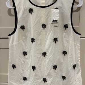 JCREW White Sleeveless Embellished Floral Tank with Black Trim